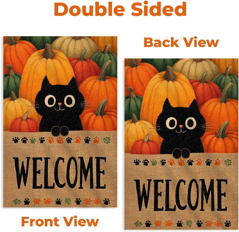 KarvePro Welcome Halloween Garden Flag – Black Cat Pumpkin Patch Welcome Flag, 12x18 Double Sided Burlap Halloween Yard Flag for Outside, Seasonal Fall Outdoor Decoration, Weatherproof - Image 4